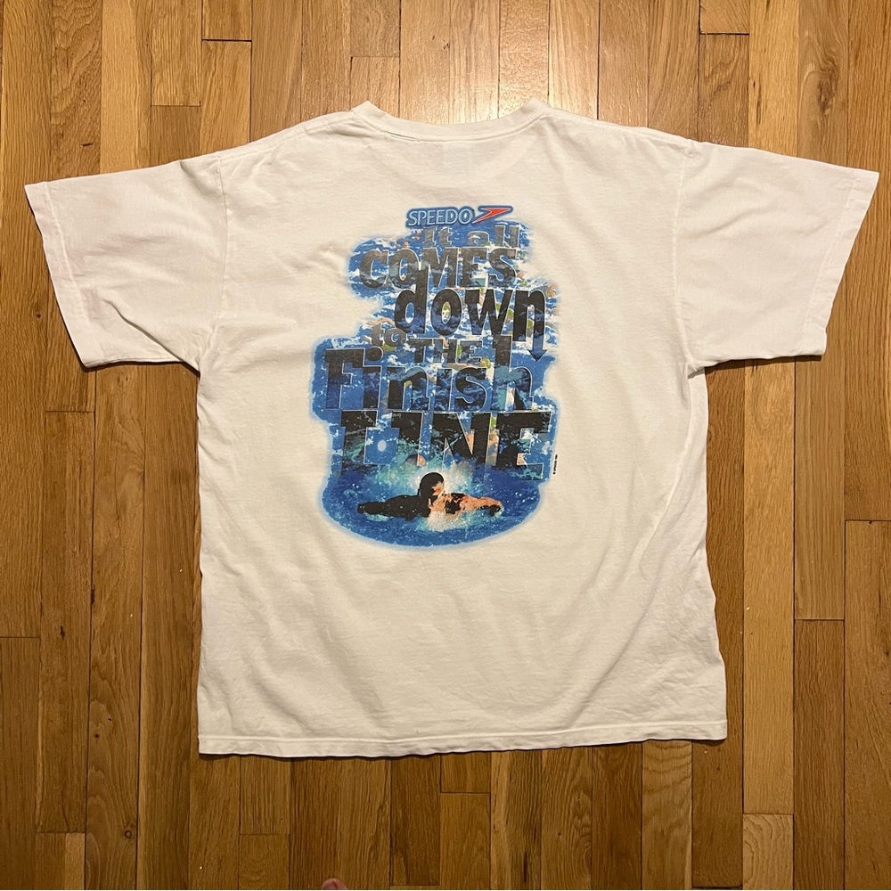 Vintage 1997 Speedo It All Comes Down to the Finish Line Large White T Shirt